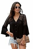 Meufam Bluse Damen Elegant Bluse Oberteile Spitze mit V-Ausschnitt Aushöhlen Lose Tops 3/4 Ausgestellte Ärmel Casual Hemd (Schwarz, M)