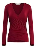 MSBASIC Damen Shirt Damen V-Ausschnitt Langarm V Neck Shirt Damen Oberteile Langarm Weinrot-Langarm X-Larg