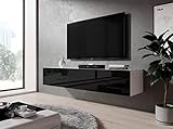 Furnix TV Kommode Zibo Fernsehschrank B160 x H34 x T34 cm - TV-Schrank hängender Lowboard Sideboard, 2 Ablagen mit Klappen, max. Belastung bis 30 kg, Wandmontage, Glänzend Schw