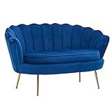 FineBuy Design 2-Sitzer Sofa Samt Blau 130 x 84 x 75 cm | Kleine Couch für Zwei Personen | Moderne Polstergarnitur Schmal mit goldenen B