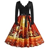 Weihnachtskleid Damen, Damen Weihnachten Kleider Langarm Weihnachtskleid Elegant Langarm Cocktaikleider Vintage Christmas Retro Abendkleid Partykleid Cocktailkleid Festival A-Linie Party