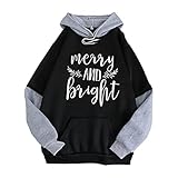 KIMODO Kapuzenpullover Sweatshirt Weihnachtsbrief Drucken Sportbekleidung Damen Langarm Rundhals Pullover Warm Pulli Oversized Casual Bequem Teenager Kapuzen mit Taschen (A-Schwarz, XXL)