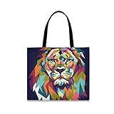 LZXO Canvas-Tragetasche, bunt, abstraktes Löwen-Muster, natürlicher langer Griff, wiederverwendbar, Einkaufstasche mit Innentasche für Damen und M
