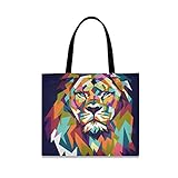 LZXO Canvas-Tragetasche, bunt, abstraktes Löwen-Muster, natürlicher langer Griff, wiederverwendbar, Einkaufstasche mit Innentasche für Damen und M