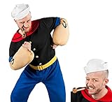 Popeye Comic Seemann Kostüm + Pfeife komplett - 7-teilig mit Hemd, Hose, Muskel-Armen, Matrosenmütze und Pfeife (M)