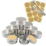 TIANZD 12 Stück Leere 50 ml Rund Silber Aluminium Tins Schraubdose Cremedose Alu-Tiegel Dosen mit Schraub-Deckel 5ml Aludose Blechdosen für Kosmetik Kerze Salben 3X Löffel, 12x Etik