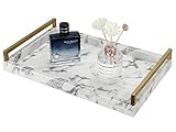 Shinowa Dekotablett, PU Leder Serviertablett mit Goldenen Metallgriffen Kosmetiktabletts Aufbewahrungstablett für Couchtisch Küche Hochzeit Wohnzimmer Tisch Dekoration, Marmor Weiß