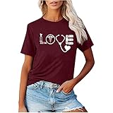 Love Tshirt Damen Lässige Oberteile mit Brief Druck Pullover mit Herz Motiv Rundhals T Shirt mit kurzen Ärmeln Sommer Tops Lockere All Match Tunika Bluse Sportbekleidung