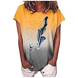 Damen Tshirt Farbverlauf Shirt Feder Drucken Oberteile T-Shirts Kurzarm Rundhals Bluse Damen Oberteile Sommer Lässig Lose Lady T-Shirts Tunika Mode Frauen Basic T-S