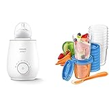 Philips AVENT SCF358/00 Flaschenwärmer für schnelles und gleichmäßiges Erwärmen von Milch & Babynahrung, weiß & Aufbewahrungsbecher für Babynahrung, 20er Pack (10x180 ml, 10x 240 ml)