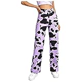 Vectry Damen Jeans Teenager Mädchen Cow Print Jogginghose Hoher Taille Baggy Gerade Hosen Kontrastfarbe Lässige Weite Bein Hose Y2K Fashion Streetwear Größe XS