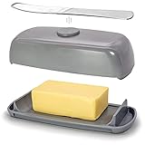 Butter Hub Extra große Butterdose mit Deckel und Messer, europäische Größe, magnetischer Butterbehälter, einfache Schaufel, kein Chaos, Kunststoff, spülmaschinenfest (grau)