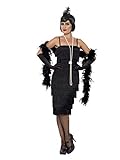Smiffys 45502M, Damen Flapper Kostüm Langes Kleid Haarband und Handschuhe,schwarz,40-42(Herstellergröße:M)