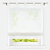 Heichkell Raffrollo mit Schlaufen Leinenoptik Fensterrollo ModernTransparent Gardine Küchenvorhänge Schlaufenrollo Blinds Kreisestickereien Weiß BxH 80x140