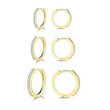 SAKUNALA Silber Damen Creolen Ohrringe, 3 Paare 925 Sterling Silber Gold Creolen Ohrringe Set, Hypoallergen Unisex Klein Schlafen Knorpel Kreolen Ohrringe mit AAAAA Zirkonia, Durchmesser 10, 12, 14