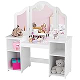 COSTWAY 2 in 1 Kinder Schminktisch Schreibtisch mit abnehmbarem Spiegel, Frisiertisch Mädchen mit offenen Fächern, Frisierkommode Holz, Schminkkommode (Weiß)