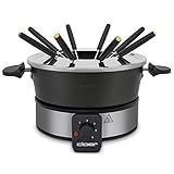 Cloer 6679 Fondue für 8 Personen, beschichteter Aluminiumtopf, inklusive Spritzschutz, 8 farbig markierte Gabeln 1,5 Liter, 1000 W, Silber, schw