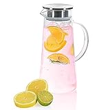 Wasserkrug Wasserkanne Krug 1,5 Liter, Glaskrug mit Filter und Deckel aus Edelstahl Getränkekaraffe für heißes u. kaltes Wasser Eistee Kaffee Milch Saft Glaskaraffe mit G