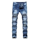 WoJogom Männer Casual Jeans Loch Slim Straight Plissee Biker Jeans Hosen Männlich Denim Fashion Schwarze H