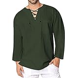 Celucke Leinenhemd Herren Langarmshirt Yoga Shirt Mittelalter Langarm V Ausschnitt mit Schnürung, Leinen Shirts Männer Vintage Freizeithemd Leichte Bequem Atmungsaktives (Armeegrün, L)