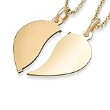 Herzkette für Paare Gold + inkl. GRATIS Luxusetui mit Gravur + geteilt 2 Hälften Herzketten für Pärchen Kette Paarkette Herzanhänger gebrochen Gelbgold 333er Goldkette FF411 GG33345