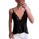 YEBIRAL Damen Elegant Tiefer V Ausschnitt Spaghetti-Top mit Spitze Tanktop Cami Crop Tops Leibchen Bluse(M,Schwarz)