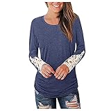 Damen Langarm Tops Langarm Casual Herbst Kleid Neu Oversize T-Shirt Langarm Casual Tunika Sweatshirt Weinlesespitzes Ärmel V-Ausschnitt Damen Pullover Plus Size Lose Oberteile (Blue, XXL)