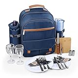 Sunflora Isolierter Picknick-Rucksack für 2 Personen Tasche mit Kühlfach, Weinbeutel, Decke und Edelstahl-Besteck-Set für Paare, Verliebte und Freunde (Navy)