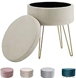 Zedelmaier Runder Sitzhocker Schminktisch Hocker Ottoman Gepolsterter Hocker Abnehmbarer Bezug Metallstütze (Beige)