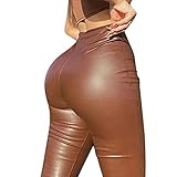 ORANDESIGNE Damen Leggings Lederoptik Hose Stretch PU Lederhose Skinny Kunstleder Leggins Strumpfhose Hohe Taille Bleistifthose Freizeithose Treggings A Braun L