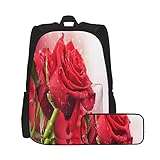 SDBUYW-ZQ Schulrucksack,Rote Rose 3d Wallpaper herunterladen，Büchertaschen für Kinder Teens College-Studenten und Federmäppchen zweiteilige S