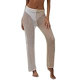 Damen-Strickhose, braune Hose mit Push-up-Up, einfarbig, mit hohlen Öffnungen und sexy Perspektive für Damen, Strandhose mit Fransen, c Weiß, XL