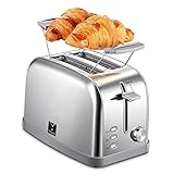 2-Scheiben-Toaster Mit 7 Brotschirmeinstellungen Und Warmhalterost ，Gleichmäßig Und Schnell Rösten ，Extra Breite Schlitze ，Auftau-/Bagel-/Abbruchfunktion ，Abnehmbare Krümelschublade ，Edelstahl-T