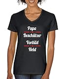 Comedy Shirts - Papa Beschuetzer Vorbild Held - Damen V-Neck T-Shirt - Schwarz/Weiss-Rot Gr. S