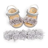 Mahuaoyixi Neugeborenen Komplett-Set für Mädchen, mit 2 Baby-Sandalen + Blumenband, rutschfest, elegant, für den Sommer, Alter 0-18 Monaten, Geburtstag, Hochzeit, Feiern, Prinzessin, grau, 6-12 M