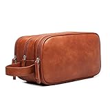 Kulturbeutel Leder für Herren, Kulturtasche zum Aufhängen Mann Kosmetiktasche Groß Waschtasche Reise Waschbeutel mit vielen Fächern für Toilette (Brown)