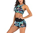 Chemu Damen Neckholder Badeanzug Set Sommer Tropical Zweiteiliges Sportliches Schwimmset Damen Bademode mit hoher Taille High,Schwarz,M