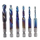 sevennine Kombinationsbohrer-Tap-Bit-Metrik-Fadenschraube M3-M10 mit langem 1/4-Zoll-Sechskant-Schaft 6pcs, Bohrer-S
