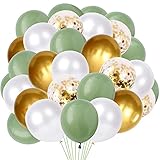 Luftballons Retro Grün Weiß, 50 Stück Metallic Gold Luftballons Gold Konfetti Latex Ballons Helium Party Balloons für Junge Kinder Geburtstag Hochzeit Babyparty Safari Party, 12 Z