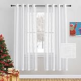 PONY DANCE Vorhang Leinenoptik Kurze Gardienen 2-Set H 158 x B 132 cm Voile Gardinen Weiss Halbtransparent Fenstergardinen mit Ösen Halbtransparente Vorhänge Wohnzimmer Dek