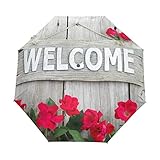 RELEESSS Reise-Regenschirm, zusammenklappbar, Welcome-Schild, Rose, Blume, kompakt, winddicht, tragbar, Regenschirm für Damen und Herren, Unisex