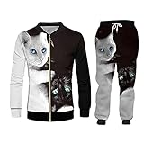 KKLLHSH 3D Schwarz weiße Katze 2 Stück Set Zip Hoodies Anzüge Männer/Frauen Sweatshirt Jogger Set Winter Unisex Trainingsjacke-E_4XL