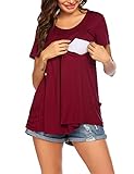 Ekouaer Mutterschafts Kurzarm Solid T-Shirt Umstandsmode Bluse Stillen Baby Schwangerschaft Basic Stillzeit mit Taschen Weinrot, Larg