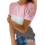 Tunika Damen Gestreift Tops Rundhals Kurzarm Tshirt mit Spitzemesh, Frauen Elegante Bluse Farbblock Sommer Shirt Loose Oberteil Freizeit Damenblusen Sommertop
