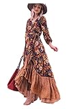 Herbstkleid bodenlang für Damen, langärmelig, bedruckt, Vintage-Kleid (Farbe, Größe: M)