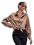 DIDK Damen Satin Blusen Hemdbluse Damen Hemd Basic Kent-Kragen Elegant OL Work Langarm Formelle Hemden Tunika Bluse mit Knöpfen Bronze L