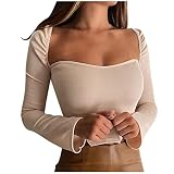 TYTUOO Mode Damen Square Neck Sexy Tops Herbst Tee Shirt Langarm Solide Pullover Crop Bluse Basic Tunika, A-Kaki, Larg