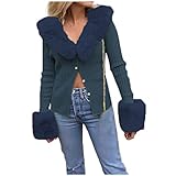 Freenfitmall Teddy-Fleece-Sweatshirt für Damen, lässiger Pullover, Strickpullover, ein-Wort-Ausschnitt, sexy Langarm-Top, blau, M