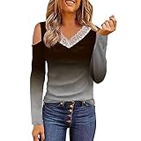 Blusen Tops Damen Langarm Schulterfrei Oberteile Sexy V-Ausschnitt Off Shoulder Tops Elegante Farbverlauf Langarmshirt Lässig Leichte T Shirt Frühling Sommer Langarm Pullover Sw