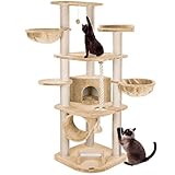 happypet® Kratzbaum für Katzen groß 181 cm hoch CAT021 Kletterbaum Katzenbaum, stabile extra dicke Sisal-Säulen ca. 11cm, Haus Spieltunnel, große Liegemulden (Belastbarkeit 15 kg) Tau Kratzrolle BEIGE